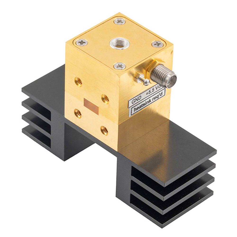 WR-28 Waveguide Gunn Oscillator at a 35 GHz Center Frequency with 3 GHz Tuning and -95 dBc/Hz Phase Noise, Ka Band, UG-599/U, Heatsink 