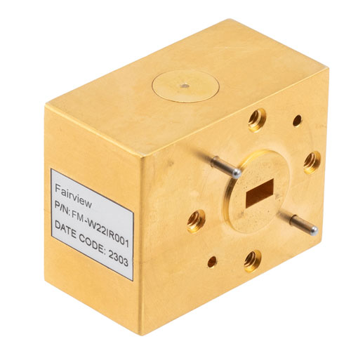 WR-22 Waveguide Isolator with 15 dB min Isolation from 32.9 GHz to 40 GHz using UG-383/U Cover Flange in Brass FM-W22IR001
