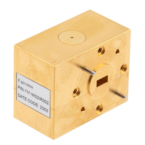 WR-22 Waveguide Isolator with 15 dB min Isolation from 40 GHz to 46 GHz using UG-383/U Cover Flange in Brass FM-W22IR002