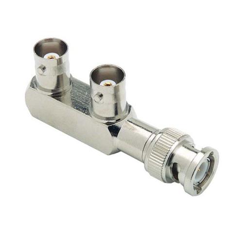 Coaxial 50 Ohm F Shape Adapter, BNC Male (Plug) / Female (Jack) / Female (Jack), Commercial Grade FMAD10087