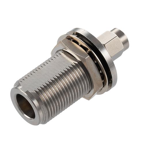 Bulkhead SMA Male (Plug) to N Female (Jack) Adapter with Passivated Stainless Steel Body FMAD10141