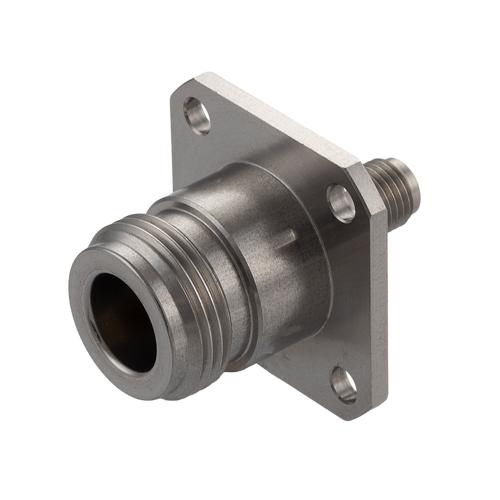SMA Female (Jack) to N Female (Jack) 4 Hole Flange Adapter, Passivated Stainless Steel Body, 1.2 VSWR FMAD10146