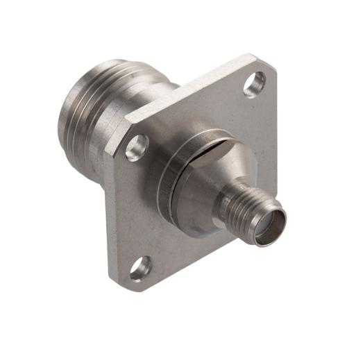SMA Female (Jack) to N Female (Jack) 4 Hole Flange Adapter, Passivated Stainless Steel Body, 1.2 VSWR FMAD10146