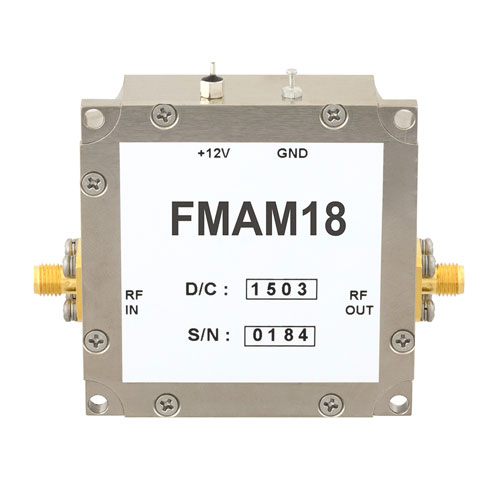 22 dB Gain Block Amplifier Operating From 50 MHz to 2 GHz with 12 dBm P1dB and SMA FMAM18
