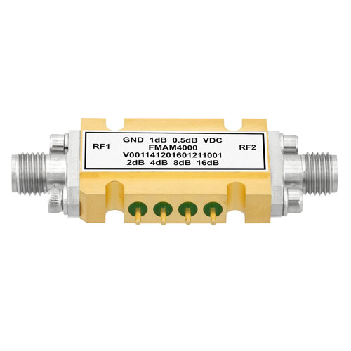 0 to 31.5 dB 6 Bit Programmable TTL Controlled Step Attenuator with a 0.5 dB Step SMA Female to SMA Female Rated to 0.16 Watts Up to 13 GHz FMAM4000
