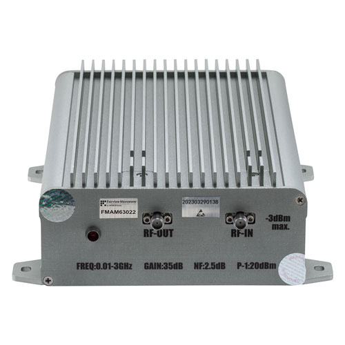 36 dB Gain, 21 dBm P1dB, 0.01 GHz to 3 GHz, Broadband AC Low Noise Amplifier, Bench-Top, 110/240VAC, 2.5 dB Noise Figure, SMA FMAM63022