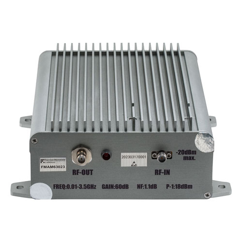 62 dB Gain, 17 dBm P1dB, 0.01 GHz to 3.5 GHz, Broadband AC Low Noise Amplifier, Bench-Top, 110/220VAC, 1.3 dB Noise Figure, SMA FMAM63023