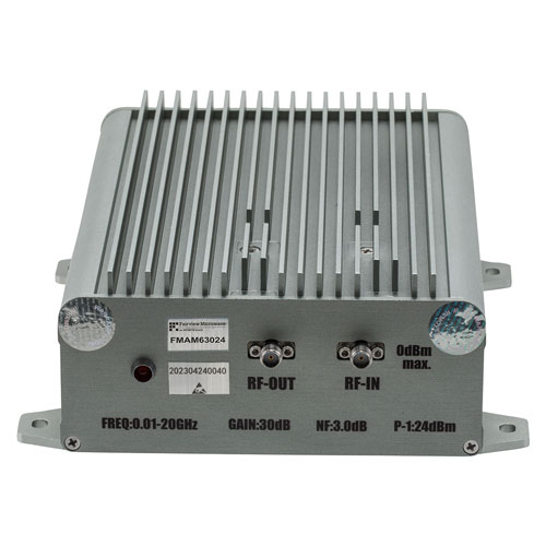 29 dB Gain, 22 dBm P1dB, 0.01 GHz to 20 GHz, Broadband AC Low Noise Amplifier, Bench-Top , 110/220VAC, 3.5 dB Noise Figure, SMA FMAM63024