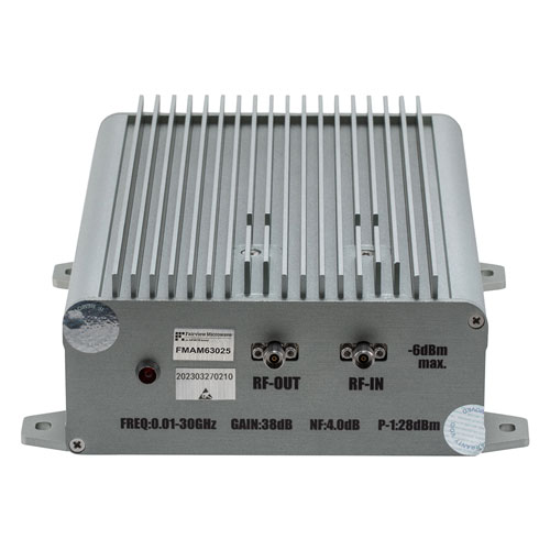 38 dB Gain, 27 dBm P1dB, 0.01 GHz to 30 GHz, Broadband AC Low Noise Amplifier, Bench-Top, 110/220VAC, 3.7 dB Noise Figure, 2.92mm FMAM63025