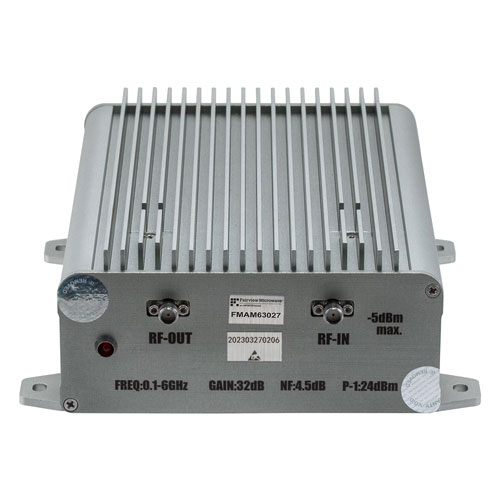 30 dB Gain, 25 dBm P1dB, 0.1 GHz to 6 GHz, Broadband AC Low Noise Amplifier, Bench-Top, 110/220VAC, 3.7 dB Noise Figure, SMA FMAM63027