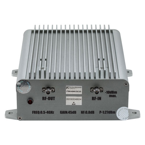 45 dB Gain, 26 dBm P1dB, 0.5 GHz to 4 GHz, Broadband AC Low Noise Amplifier, Bench-Top, 110/220VAC, 0.8 dB Noise Figure, SMA FMAM63030