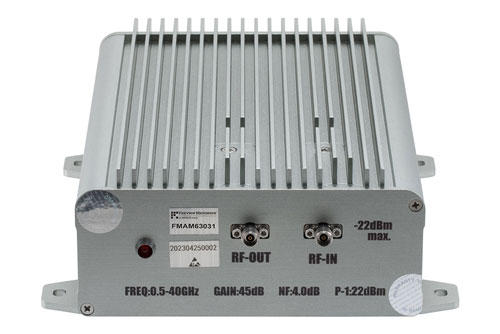44 dB Gain, 20 dBm P1dB, 0.5 GHz to 40 GHz, Broadband AC Low Noise Amplifier, Bench-Top, 110/220VAC, 4.5 dB Noise Figure, 2.92mm FMAM63031