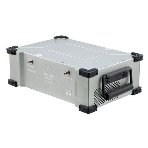 6.4W Psat, 41 dB Gain, 0.7 GHz to 3 GHz, AC Powered Broadband GaAs GaN LDMOS High Power Amplifier with Heatsink, Bench-Top, 110/240VAC, SMA FMAMA5094