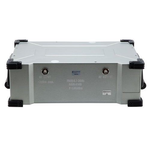 6.4W Psat, 41 dB Gain, 0.7 GHz to 3 GHz, AC Powered Broadband GaAs GaN LDMOS High Power Amplifier with Heatsink, Bench-Top, 110/240VAC, SMA FMAMA5094