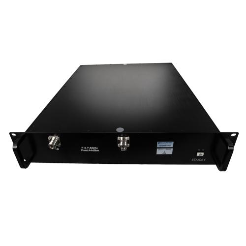 30W Psat, 45 dB Gain, 0.7 GHz to 6 GHz, AC Powered Broadband GaAs GaN High Power Amplifier with Heatsink, Rack Mount, 110/220VAC, N FMAMA5096