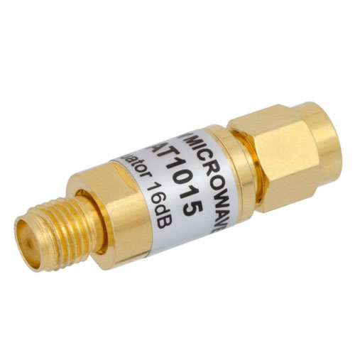 16 dB Fixed Attenuator SMA Male (Plug) to SMA Female (Jack) from 0.009 MHz to 6 GHz Rated to 2 Watts, Brass Body, 1.22 VSWR FMAT1015