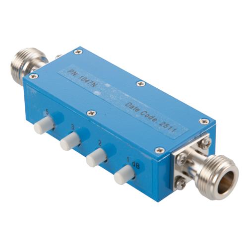 0 to 11 dB Step Attenuator with a 1 dB Step N Female Interface Rated Up to 3 GHz and Up to 2 Watts in a Push Button Design FMAT1047N