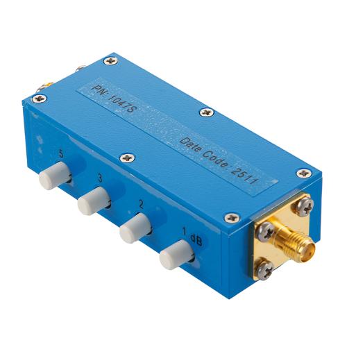0 to 11 dB Step Attenuator with a 1 dB Step SMA Female Interface Rated Up to 3 GHz and Up to 2 Watts in a Push Button Design FMAT1047S