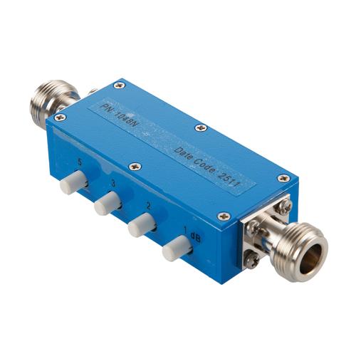 0 to 11 dB Step Attenuator with a 1 dB Step N Female Interface Rated Up to 3 GHz and Up to 5 Watts in a Push Button Design FMAT1048N