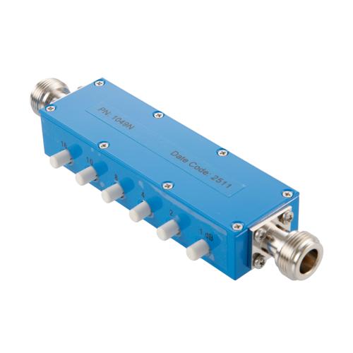 0 to 41 dB Step Attenuator with a 1 dB Step N Female Interface Rated Up to 4 GHz and Up to 2 Watts in a Push Button Design FMAT1049N