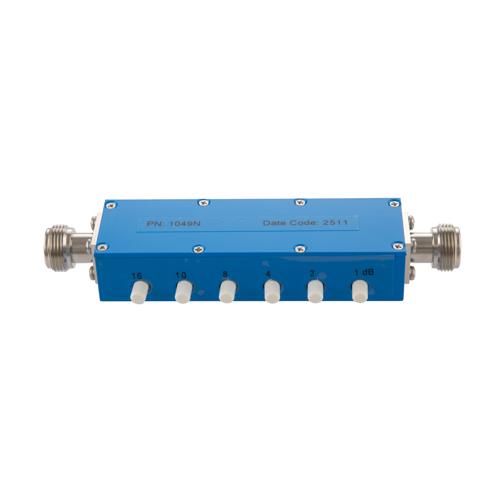 0 to 41 dB Step Attenuator with a 1 dB Step N Female Interface Rated Up to 4 GHz and Up to 2 Watts in a Push Button Design FMAT1049N