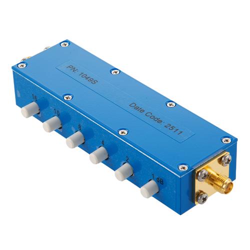 0 to 41 dB Step Attenuator with a 1 dB Step SMA Female Interface Rated Up to 4 GHz and Up to 2 Watts in a Push Button Design FMAT1049S