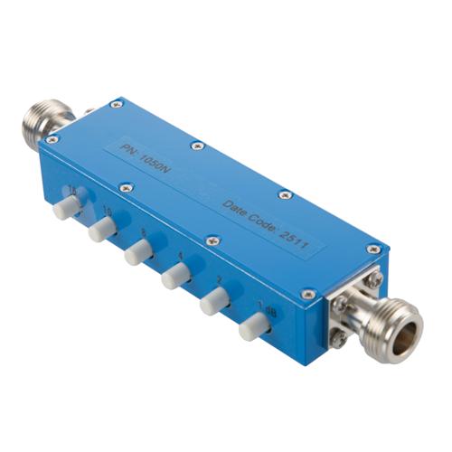 0 to 41 dB Step Attenuator with a 1 dB Step N Female Interface Rated Up to 4 GHz and Up to 5 Watts in a Push Button Design FMAT1050N