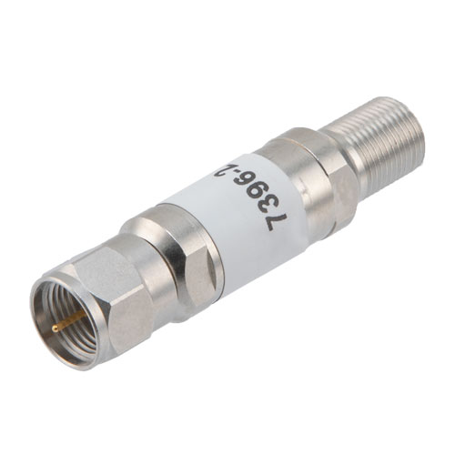 2 dB Fixed Attenuator, 75 Ohm F Male to 75 Ohm F Female Brass Tri-Metal Body Rated to 2 Watts Up to 3 GHz FMAT7396-2