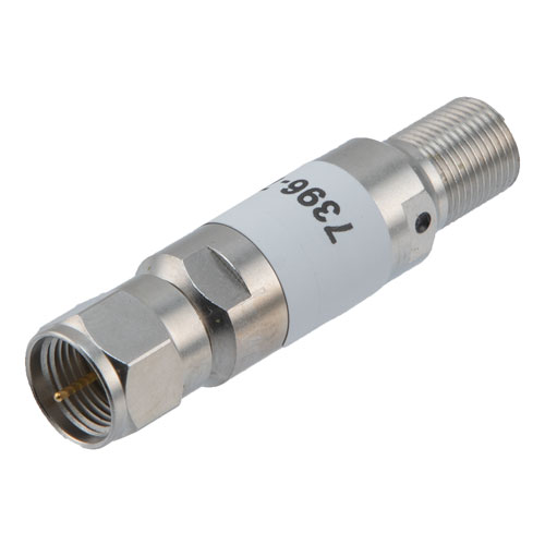 7 dB Fixed Attenuator, 75 Ohm F Male to 75 Ohm F Female Brass Tri-Metal Body Rated to 2 Watts Up to 3 GHz FMAT7396-7
