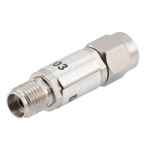 3 dB Fixed Attenuator 2.92mm Male (Plug) to 2.92mm Female (Jack) Up to 40 GHz Rated to 0.5 Watts, Passivated Stainless Steel Body, 1.35 VSWR FMAT7429-3