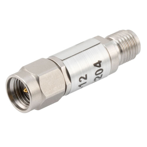 12 dB Fixed Attenuator 2.92mm Male (Plug) to 2.92mm Female (Jack) Up to 40 GHz Rated to 2 Watts, Passivated Stainless Steel Body, 1.35 VSWR FMAT7430-12