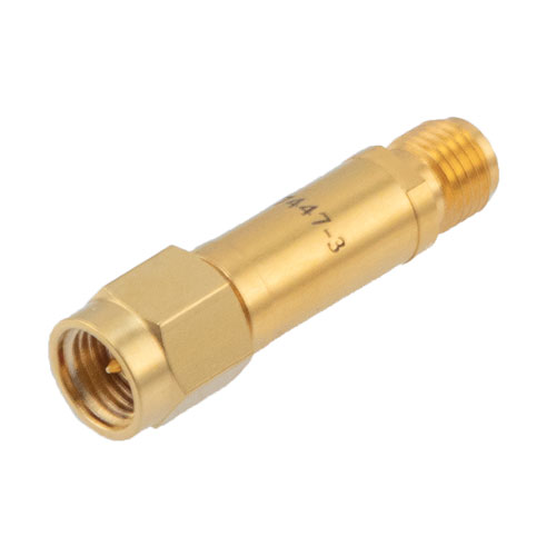 3 dB DC Bias Attenuator, SMA male to SMA female brass body rated to 2 watts FMAT7447-3