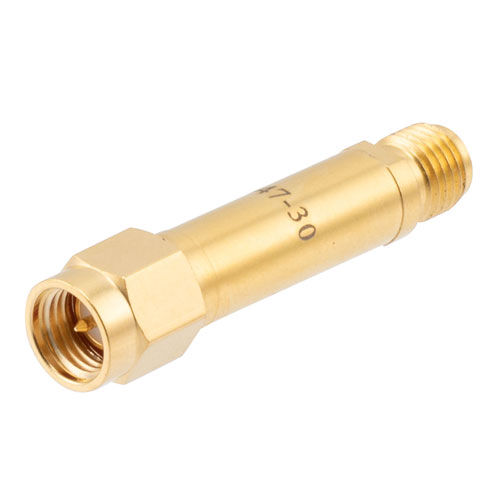 30 dB DC Bias Attenuator, SMA male to SMA female brass body rated to 2 watts FMAT7447-30