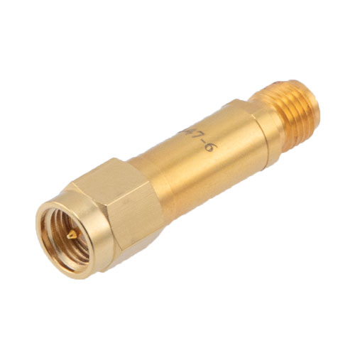 6 dB DC Bias Attenuator, SMA male to SMA female brass body rated to 2 watts FMAT7447-6
