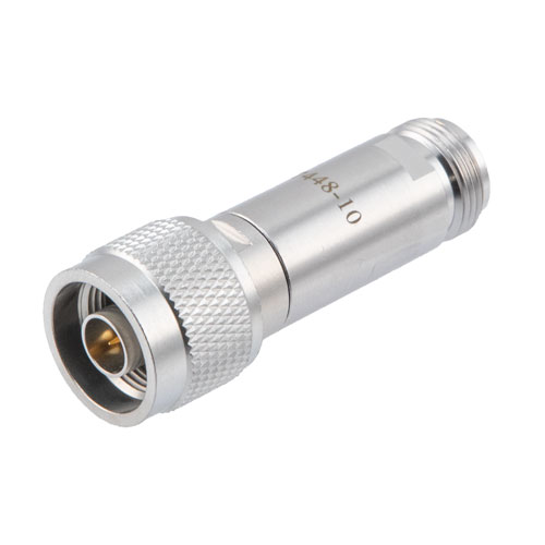 10 dB DC Bias Attenuator, N male to N female brass body rated to 2 watts FMAT7448-10