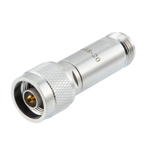 20 dB DC Bias Attenuator, N male to N female brass body rated to 2 watts FMAT7448-20