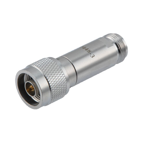 3 dB DC Bias Attenuator, N male to N female brass body rated to 2 watts FMAT7448-3