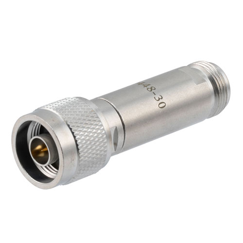 30 dB DC Bias Attenuator, N male to N female brass body rated to 2 watts FMAT7448-30