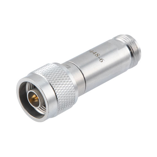 6 dB DC Bias Attenuator, N male to N female brass body rated to 2 watts FMAT7448-6
