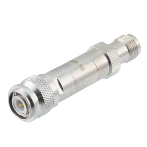 30 dB DC Bias Attenuator, TNC male to TNC female brass body rated to 2 watts FMAT7449-30