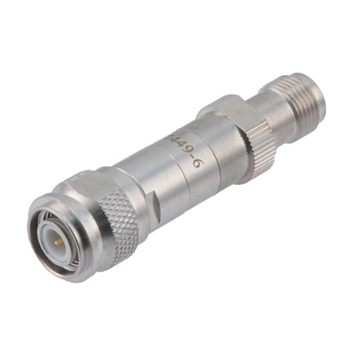 6 dB DC Bias Attenuator, TNC male to TNC female brass body rated to 2 watts FMAT7449-6