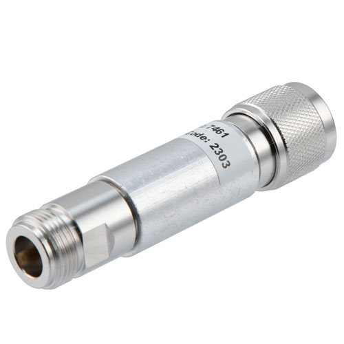 20 dB Fixed Attenuator N Male (Plug) to N Female (Jack) Up to 12.4 GHz Rated to 5 Watts, Brass Nickel Body, 1.35:1 VSWR FMAT7461-20