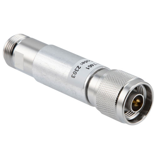 20 dB Fixed Attenuator N Male (Plug) to N Female (Jack) Up to 12.4 GHz Rated to 5 Watts, Brass Nickel Body, 1.35:1 VSWR FMAT7461-20