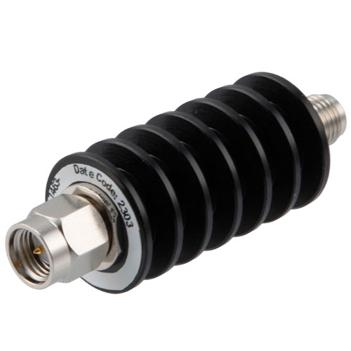20 dB Fixed Attenuator SMA Male (Plug) to SMA Female (Jack) Unidirectional Up to 12.4 GHz Rated to 10 Watts, Black Aluminum Body, 1.3:1 VSWR FMAT7463-20