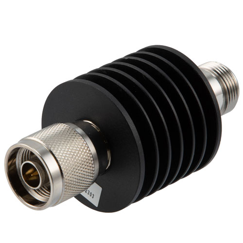 30 dB Fixed Attenuator N Male (Plug) to N Female (Jack) Up to 12.4 GHz Rated to 10 Watts, Black Aluminum Body, 1.35:1 VSWR FMAT7464-30