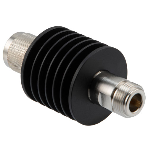 30 dB Fixed Attenuator N Male (Plug) to N Female (Jack) Up to 12.4 GHz Rated to 10 Watts, Black Aluminum Body, 1.35:1 VSWR FMAT7464-30