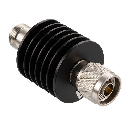 40 dB Fixed Attenuator N Male (Plug) to N Female (Jack) Up to 12.4 GHz Rated to 10 Watts, Aluminum Black Anodized Body, 1.35 VSWR FMAT7464-40