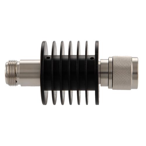 40 dB Fixed Attenuator N Male (Plug) to N Female (Jack) Up to 12.4 GHz Rated to 10 Watts, Aluminum Black Anodized Body, 1.35 VSWR FMAT7464-40