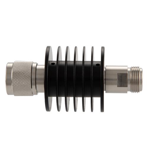 40 dB Fixed Attenuator N Male (Plug) to N Female (Jack) Up to 12.4 GHz Rated to 10 Watts, Aluminum Black Anodized Body, 1.35 VSWR FMAT7464-40