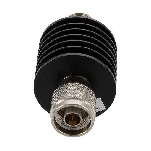 40 dB Fixed Attenuator N Male (Plug) to N Female (Jack) Up to 12.4 GHz Rated to 10 Watts, Aluminum Black Anodized Body, 1.35 VSWR FMAT7464-40